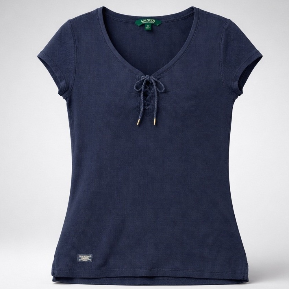 Lauren Ralph Lauren Top Womens S Navy Blue Lace Up Ribbed Cotton V-Neck